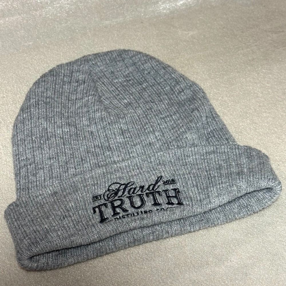 Hard Truth Distilling Co Gray Knit Beanie Hat Embroidered Logo Winter Cap